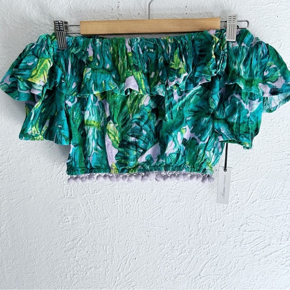 Lovers & Friends Alicia Crop Off Shoulder Top Palm Jungle Print Medium Green NWT - Picture 2 of 6